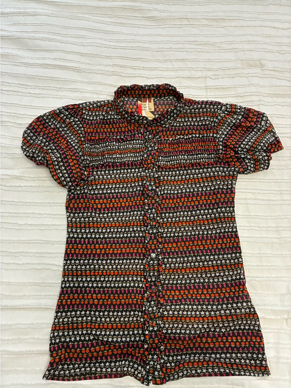 Zara Button-Front Patterned Blouse in Black, Orange & Pink for girls Size large